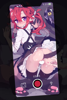 1girl 1other absurdres after_fingering against_wall anal anal_beads anal_object_insertion anal_tail animal_ears ass bell black_skirt black_thighhighs blush bow butt_plug cat_ears cat_tail censored collared_shirt criss-cross_suspenders facial_recognition fake_animal_ears fake_phone_screenshot fake_screenshot fake_tail feet from_behind full_body grey_bow hair_between_eyes heart heart_censor highres imazawa indoors kneeling knees_together_feet_apart lilivia_(imazawa) long_hair long_sleeves looking_at_viewer looking_back no_panties object_insertion open_mouth original paw_shoes petticoat purple_eyes pussy pussy_juice pussy_juice_trail red_hair shirt side_ponytail skirt sleeves_rolled_up solo_focus suspender_skirt suspenders sweatdrop tail tail_bell tail_bow tail_ornament thigh_gap thighhighs underwear viewfinder white_shirt