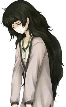 1girl blunt_bangs brown_jacket collar collarbone flat_chest game_cg green_collar green_eyes green_hair green_trim hiyajou_maho huke jacket jacket_over_dress large_variant_set long_hair messy_hair narrowed_eyes non-web_source official_art open_mouth partially_shaded_face sad science_adventure slouching solo sprite steins;gate steins;gate_0 transparent_background variant_set very_long_hair