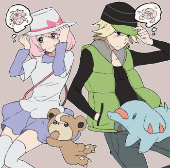 10s 1boy 1girl adjusting_clothes adjusting_headwear bag baseball_cap blonde_hair blue_eyes blue_skirt blush curtis_(pokemon) gen_2_pokemon hand_in_pocket handbag hands_on_headwear hat heart hiyokko_ep holding nate_(pokemon) nintendo phanpy pink_hair pokemon pokemon_(creature) pokemon_bw2 porkpie_hat rosa_(pokemon) short_hair simple_background skirt sparkle speech_bubble teddiursa thighhighs thought_bubble white_thighhighs yancy_(pokemon)