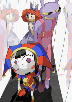 1boy 2girls animal_ears artist_name black_eyes black_hair blue_bow blue_dress blue_footwear blue_gloves blush_stickers bow button_eyes buttons colored_sclera colored_skin colored_teeth dress from_above full-length_mirror gloves hair_bow hallway hat highres jax_(the_amazing_digital_circus) leaning_forward looking_at_mirror mirror multicolored_bodysuit multicolored_eyes multiple_girls one-eyed open_mouth overalls patchwork_clothes pomni_(the_amazing_digital_circus) puffy_short_sleeves puffy_sleeves purple_fur rabbit_boy rabbit_ears rabbit_paws ragatha_(the_amazing_digital_circus) red_footwear red_gloves red_hair red_overalls short_sleeves sidelocks smirk sonokare teeth the_amazing_digital_circus two-tone_bodysuit two-tone_eyes two-tone_hat upper_teeth_only walking white_skin yellow_sclera yellow_teeth