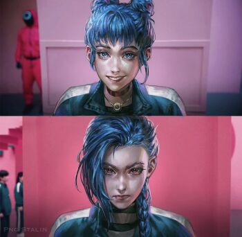 2girls :d age_progression arcane:_league_of_legends arcane_jinx before_and_after blue_eyes blue_hair blunt_bangs braid commentary double_bun dual_persona english_commentary green_track_suit grin hair_bun highres jewelry jinx_(league_of_legends) league_of_legends looking_at_viewer multiple_girls necklace open_mouth parody png_stalin portrait powder_(arcane) red_eyes screenshot_inset serious smile sparkling_eyes squid_game straight-on striped_clothes swept_bangs track_suit