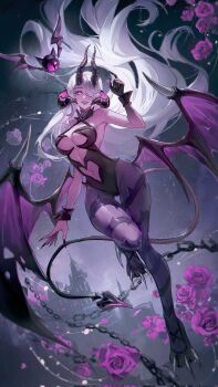 1girl afk_(series) afk_journey aqua_eyes aqua_lips asymmetrical_bangs bare_shoulders bat_(animal) black_horns black_leotard black_nails black_wings breasts castle chain claws cleavage cleavage_cutout clothing_cutout colored_extremities colored_skin commentary corrupted_twitter_file demon_girl demon_horns demon_tail demon_wings english_commentary eyelashes eyeshadow fingernails floating_hair flower flying hair_over_one_eye hand_up highleg highleg_leotard highres horns large_breasts leotard lipstick long_hair looking_at_viewer makeup mehira_(afk) mole mole_under_eye multiple_horns navel navel_cutout night night_sky one-eyed one_eye_covered outdoors pantyhose parted_bangs parted_lips purple_eyeshadow purple_flower purple_pantyhose purple_rose purple_skin rose sharp_fingernails sky smile solo spiked_wings star_(sky) tail thigh_gap very_long_fingernails very_long_hair white_hair wings wrist_cuffs zieru