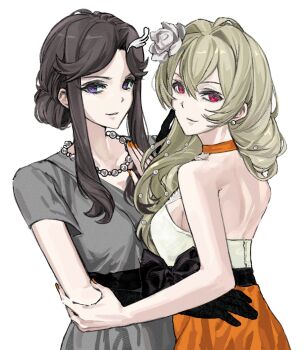 2girls 9urodine bare_arms bare_shoulders black_gloves blonde_hair brown_hair dress elbow_gloves flower gloves grey_dress hair_flower hair_ornament hand_on_another&#039;s_waist highres jewelry long_hair multiple_girls necklace orange_dress orange_nails parted_lips purple_eyes red_eyes saijou_claudine shoujo_kageki_revue_starlight simple_background smile tendou_maya two-tone_dress white_background white_dress white_flower yuri