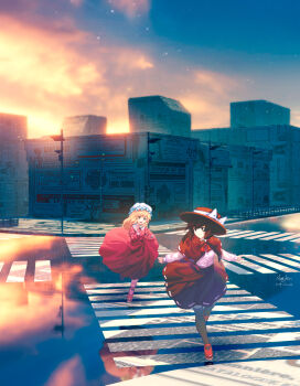 2girls alternate_eye_color annoyed artist_name black_capelet black_hat black_skirt black_thighhighs blonde_hair bow brown_eyes brown_hair buttons capelet closed_mouth cloud collared_dress contrast_collar dated dress dress_shirt evening furahata_gen hat hat_bow highres long_dress long_sleeves maribel_hearn mary_janes medium_hair mob_cap multiple_girls newspaper open_mouth outstretched_arms pink_dress pink_shoes red_eyes red_shoes reflection road shirt shoes skirt sky sleeve_cuffs smile socks spread_arms star_(sky) street sunset thighhighs touhou translation_request usami_renko walking white_hat white_shirt white_socks