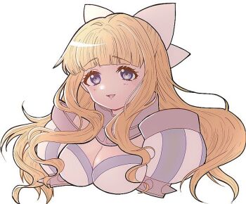 1girl armor bikini_armor blonde_hair blue_eyes bow breasts charlotte_(fire_emblem) cleavage commentary_request cropped_torso fire_emblem fire_emblem_fates gau_fe gorget hair_bow large_breasts long_hair looking_at_viewer nintendo open_mouth shoulder_armor simple_background smile solo upper_body wavy_hair white_background white_bow