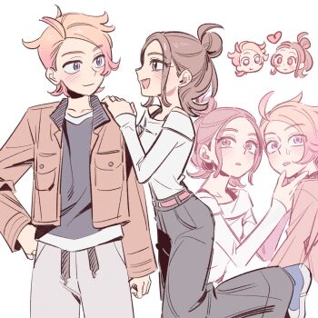 Rule 34 | 1boy, 1brad, 1girl, :d, belt, blush, brown eyes, brown hair, brown jacket, closed mouth, eye contact, hair bun, hand on another's shoulder, hand on own hip, harmony (pokemon), heart, hetero, highres, jacket, long sleeves, looking at another, medium hair, multiple views, nintendo, open clothes, open jacket, open mouth, pants, pokemon, pokemon legends: z-a, shirt, smile, urbain (pokemon), white shirt