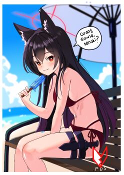 1girl absurdres animal_ear_fluff animal_ears bikini black_hair blue_archive blue_sky breasts bright_pupils brown_eyes cloud commentary day english_commentary english_text food fox_ears fox_girl hair_between_eyes halo highres holding holding_food holding_popsicle knife_sheath looking_at_viewer melissa_v2 multi-strapped_bikini_bottom navel outdoors popsicle red_bikini red_halo sheath sitting sky small_breasts smile solo speech_bubble swimsuit thigh_sheath yukino_(blue_archive)