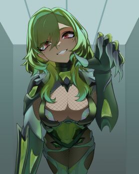 1girl absurdres august_anomaly blame_4407 bodystocking breasts claws commentary english_commentary fishnet_bodystocking fishnets green_hair green_liquid grin hair_between_eyes highres indie_virtual_youtuber large_breasts looking_at_viewer mole mole_under_each_eye mole_under_eye multiple_moles red_eyes see-through_cleavage see-through_clothes short_hair short_hair_with_long_locks sidelocks smile solo thighs virtual_youtuber yandere