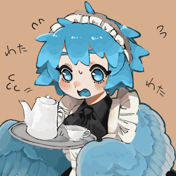 1girl apron blue_eyes blue_feathers blue_hair blue_maid_harpy_(i7go34) blue_tongue blue_wings blush brown_background colored_tongue commentary_request cup dress feathered_wings feathers flying_sweatdrops frills harpy holding holding_tray i7go34 maid maid_headdress monster_girl open_mouth original short_hair simple_background solo teacup teapot tray winged_arms wings