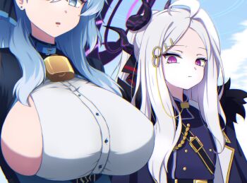 2girls ahoge ako_(blue_archive) black_coat blue_archive blue_eyes blue_hair blue_sky breasts coat coat_on_shoulders commentary_request day demon_girl demon_horns halo highres hina_(blue_archive) horns large_breasts long_hair medium_hair multiple_girls outdoors sideboob sky small_breasts sotomichi upper_body white_hair