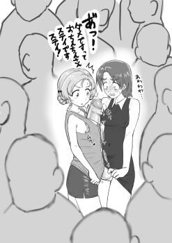 1futa 1girl accidental_erection breasts bulge character_request crowd developing_erection dress embarrassed erection erection_under_clothes foreskin futanari gigantic_penis girls_und_panzer hiding_erection highres medium_breasts monochrome open_mouth panties penis ppopopere public_indecency shinisou-nakoorogi small_breasts surprised train_interior translation_request underwear