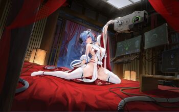1girl absurdres android arm_up azur_lane bare_shoulders battery_indicator bed black_flower blue_hair blush bogatyr_(azur_lane) bogatyr_(emotional_data_maintenance)_(azur_lane) breasts cable chinese_clothes cleavage convenient_censoring curtains dress drooling exhausted flower hair_between_eyes hair_flower hair_ornament highres indoors k.t.cube kneeling lamp lantern large_breasts legs long_legs looking_at_viewer monitor night no_panties no_shoes non-web_source official_alternate_costume official_art on_bed parted_lips pom_pom_(clothes) purple_eyes red_shoes revealing_clothes ribbon screen see-through_clothes shoes short_hair sideboob sitting skindentation solo spread_legs tassel thighhighs thighs unworn_shoes wariza white_thighhighs window wire