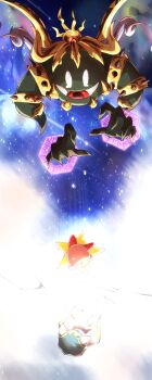 animal_ears armlet baku_(baku325) blue_eyes blue_hood cape claws colored_skin crown disembodied_hand ear_covers energy_wings extra_eyes falling gear_print gloves gold_crown gradient_background highres jewelry kirby kirby&#039;s_return_to_dream_land kirby_(series) magolor magolor_soul master_crown multiple_armlets nintendo no_humans pink_skin reaching red_eyes red_footwear shoes solid_oval_eyes space spiked_armlet star_(symbol) teardrop tearing_up warp_star white_background white_cape white_eyes white_gloves