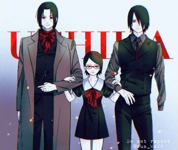 1girl 2boys alternate_universe amputee black_dress black_hair black_vest boruto:_naruto_next_generations coat collared_dress dress embers expressionless father_and_daughter frown glasses grey_coat hair_over_one_eye hairband long_coat multiple_boys naruto_(series) onka_(aun_ka28) red-framed_eyewear red_eyes red_hairband sharingan short_dress third-party_source twitter_username uchiha_itachi uchiha_sarada uchiha_sasuke uncle_and_niece vest watermark