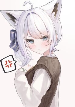 1girl absurdres ahoge alternate_hairstyle anger_vein animal_ears blue_eyes blush commentary_request extra_ears fox_ears from_side grey_sweater hand_on_own_chest highres hololive kuronekootuta long_hair looking_at_viewer one_side_up pout shirakami_fubuki shirt simple_background solo spoken_anger_vein sweater upper_body virtual_youtuber white_background white_hair white_shirt
