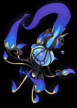 absurdres black_background chandelier chandelure fire gen_5_pokemon highres mega_chandelure mega_pokemon mismatched_eyes nintendo no_humans nullma pokemon pokemon_(creature) pokemon_focus purple_eyes purple_fire simple_background solo yellow_eyes