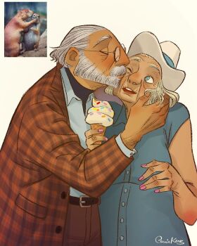 Rule 34 | 1girl, balding, beard, belt, blonde hair, connie kang, creature and personification, dress, facial hair, food, glasses, hat, hetero, holding, holding food, holding ice cream, holding ice cream cone, humanization, ice cream, ice cream cone, kiss, mature male, mustache, nail polish, old, old couple, old man, old woman, original, personification, photo-referenced, reference inset, soft serve, surprise kiss, surprised, unmoving pattern, wrinkled skin