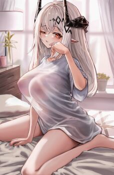 1girl arknights backlighting barefoot bed_sheet bottomless breasts candle cleavage_cutout clothing_cutout day drawer dsr147g hair_ornament highres horns indoors lamp large_breasts long_hair mudrock_(arknights) on_bed plant pointy_ears potted_plant red_eyes see-through_silhouette shirt short_sleeves sitting solo tears waking_up wariza white_hair white_shirt window wiping_tears
