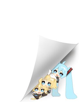 1boy 2girls absurdres ahoge biting_another's_hair blonde_hair blue_eyes chibi chibi_only commentary_request detached_sleeves hair_between_eyes hair_in_another's_mouth hatsune_miku highres kagamine_len kagamine_rin long_hair multiple_girls open_mouth paper peeking_out reirou_(chokoonnpu) simple_background turning_page twintails very_long_hair vocaloid white_background