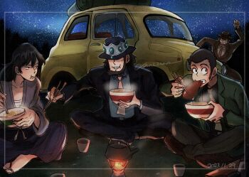 Rule 34 | 2023, 4boys, absurdres, arsene lupin iii, beard, black hair, black jacket, bowl, car, chopsticks, dated, eating, facial hair, food, formal clothes, green jacket, hat, highres, holding, holding bowl, holding chopsticks, ishikawa goemon xiii, jacket, japanese clothes, jigen daisuke, lantern, long hair, lupin iii, male focus, meat, motor vehicle, multiple boys, necktie, night, noodles, outdoors, ramen, sandals, shirt, shonan, short hair, sideburns, sitting, sky, star (sky), starry sky, suit, twitter username, yellow necktie, zenigata kouichi