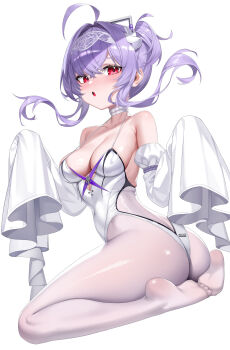1girl :o absurdres ahoge ass breasts full_body gaosu_gong_lu goddess_of_victory:_nikke highres leotard liberalio_(nikke) medium_breasts pantyhose purple_hair red_eyes simple_background sitting solo white_background white_leotard white_pantyhose