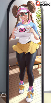 1girl :o achromaru artist_logo black_pantyhose blue_sleeves blush breasts bright_pupils brown_hair coffee_table commentary commentary_request couch covered_erect_nipples deep_skin donut_hair_bun double_bun english_commentary full-length_mirror full_body furrowed_brow grabbing_own_breast green_eyes hair_between_eyes hair_bun highres indoors large_breasts logo long_hair looking_at_mirror looking_at_viewer mirror mixed-language_commentary nintendo paid_reward_available pantyhose pantyhose_under_shorts parted_lips patreon_logo patreon_username plant poke_ball_print pokemon pokemon_bw2 raglan_sleeves reflection reflection_focus rosa_(pokemon) shirt shoes short_shorts shorts sneakers solo standing table twintails twitter_username very_long_hair visor_cap white_pupils white_shirt wooden_floor yellow_shorts