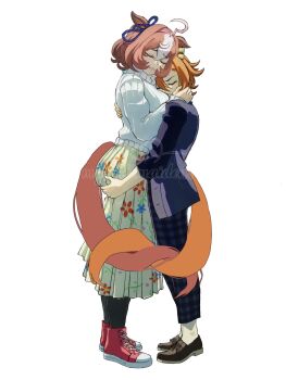 :3 ahoge animal_ears artist_name brown_hair checkered_clothes checkered_pants closed_eyes commentary converse english_commentary grabbing_another's_ass groping highres horse_ears horse_girl horse_tail hug intertwined_tails jacket littlemaidensatelier long_skirt meisho_doto_(casual)_(umamusume) meisho_doto_(umamusume) meme multicolored_hair orange_hair pants ribbed_sweater skirt skirt_over_leggings sleeves_rolled_up socks sweater t.m._opera_o_(casual)_(umamusume) t.m._opera_o_(umamusume) tail turtleneck turtleneck_sweater two-tone_hair umamusume watermark white_background white_hair white_socks white_sweater yuri