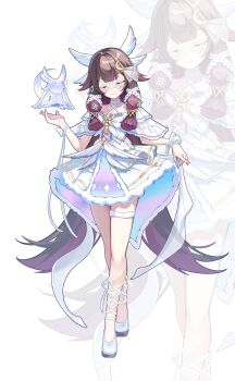 1girl alternate_costume ankle_lace-up brown_hair closed_eyes columbina_(genshin_impact) commentary_request crescent crescent_hair_ornament dress eye_mask genshin_impact gradient_hair hair_ornament head_wings highres long_hair luonnotar_(genshin_impact) mask multicolored_hair off-shoulder_dress off_shoulder pink_hair prana_(prana12) see-through_clothes see-through_mask smile streaked_hair thigh_strap two-tone_hair white_dress white_mask white_wings wing_hair_ornament wings wrist_bow zoom_layer