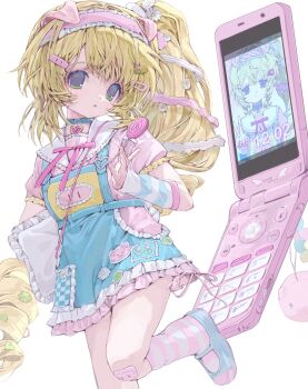 1girl animal_ears bandaid bandaid_on_leg blonde_hair blue_arm_warmers blue_collar blue_shoes candy cellphone collar commission daisy_(flower) dress english_text eyelashes flip_phone flower food frilled_dress frilled_sailor_collar frilled_sleeves frills green_eyes hair_flower hair_ornament hairband hairclip heart_collar highres holding holding_candy holding_food holding_lollipop leg_up lolita_hairband lollipop long_hair neck_ribbon original parted_lips phone pig_ears pink_dress pink_hairband pink_ribbon pink_socks ribbon sailor_collar sailor_dress shoes short_sleeves side_ponytail skeb_commission socks striped_clothes striped_socks tareme two-tone_arm_warmers two-tone_socks white_arm_warmers white_flower white_sailor_collar white_socks yamada_mipo