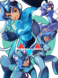 Rule 34 | 1girl, animal ears, arm cannon, armor, blue bodysuit, blue hair, bodysuit, capcom, cat ear helmet, cat ears, cat girl, character name, commission, company connection, cosplay, felicia (vampire), green eyes, helmet, highres, mega buster, mega man (character), mega man (character) (cosplay), mega man (classic), mega man (series), meke (77842928), one eye closed, open mouth, shoutaro saito, skeb commission, solo, tail, vampire (game), weapon, white background