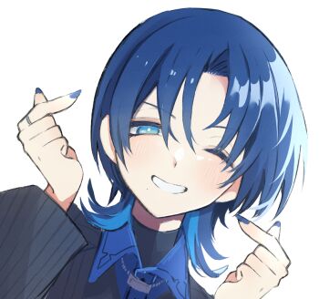 Rule 34 | 1girl, azuma shiro, black sweater, blue eyes, blue hair, blue nails, blue shirt, grey jacket, grin, hiodoshi ao, hiodoshi ao (1st costume), hololive, hololive dev is, jacket, jewelry, looking at viewer, mole, mole under mouth, one eye closed, pinstripe jacket, pinstripe pattern, ring, shirt, smile, solo, striped clothes, striped jacket, suit jacket, sweater, teeth, transparent background, vertical-striped clothes, vertical-striped jacket, virtual youtuber, wolf cut
