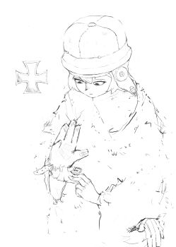 1girl absurdres bob_cut coat comfy copyright_request cross earmuffs eyelashes flight_suit fur_coat german_clothes german_empire gloves helmet hhcccp highres insignia iron_cross looking_down military military_uniform nose pilot pocket putting_on_gloves winter_clothes winter_coat world_war_i