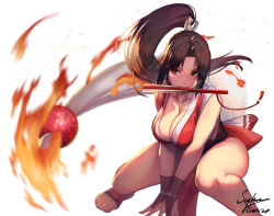 1girl artist_name biting breasts brown_eyes brown_hair cleavage fatal_fury fire hand_fan high_ponytail hinoru_saikusa japanese_clothes ponytail revealing_clothes shiranui_mai solo the_king_of_fighters thighs white_background