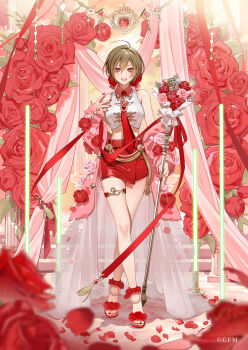 1girl :d absurdres ahoge brown_hair caracoro collared_shirt commentary_request company_name copyright_notice cropped_shirt fingernails flower full_body gem hair_between_eyes heart highres looking_at_viewer meiko_(vocaloid) microphone nail_polish official_art open_mouth pink_flower red_eyes red_flower red_gemstone red_nails red_rose red_skirt red_theme rose shirt skirt sleeveless sleeveless_shirt smile solo standing toenail_polish toenails toes vocaloid white_shirt
