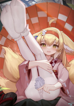 1girl ahoge animal_ears apron arknights blonde_hair blush bobby_socks cameltoe ears_down feet female_focus fox_ears fox_girl fox_tail full_body geta green_eyes hairband highres japanese_clothes kalun_(fwme3378) kimono kneepits lace-trimmed_socks large_variant_set legs legs_up loli long_hair long_sleeves looking_at_viewer no_shoes official_alternate_costume oil-paper_umbrella open_mouth panties panties_under_pantyhose pantyhose pink_kimono red_hairband shoes signature sitting socks socks_over_pantyhose soles solo suzuran_(arknights) suzuran_(yukibare)_(arknights) tabi tail toes umbrella underwear unworn_shoes variant_set waist_apron white_apron white_panties white_socks wide_sleeves