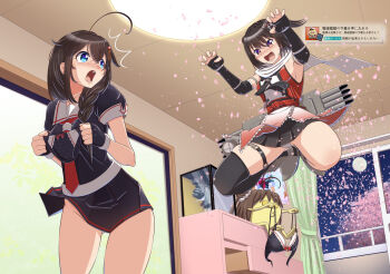 Rule 34 | 2girls, ^^^, ahoge, bamboo shoot, black bra, black gloves, black hair, black neckerchief, black panties, black serafuku, black thighhighs, blue eyes, bra, braid, brown eyes, creature, fingerless gloves, gauntlets, gloves, hair flaps, hair over shoulder, holding, holding bra, holding panties, holding underwear, holding unworn clothes, indoors, kantai collection, long hair, moke ro, multiple girls, naka (kancolle), neckerchief, ninin ga shinobuden, onsokumaru, open mouth, orange shirt, panties, pleated skirt, red neckerchief, scarf, school uniform, sendai (kancolle), sendai kai ni (kancolle), serafuku, shigure (kancolle), shigure kai ni (kancolle), shirt, single braid, single thighhigh, skirt, sleeveless, sleeveless shirt, thighhighs, torpedo, torpedo launcher, tree, two side up, underwear, unworn bra, unworn panties, watermark, white scarf, window