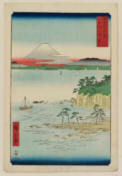 19th_century 4others ando_hiroshige beach blue_sky boat cliff cloud fine_art_parody gradient_sky grass highres japan mount_fuji mountain multiple_others negative_space nihonga ocean original outdoors parody red_sky rowboat rowing sail scenery shore sky thirty-six_views_of_mount_fuji_(hiroshige) traditional_media translation_request tree ukiyo-e volcano water watercraft