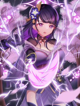 1girl blue_pupils blunt_bangs braid breasts bridal_gauntlets cherry_blossoms cleavage clothing_cutout commentary electricity genshin_impact glowing glowing_sword glowing_weapon highres holding holding_sword holding_weapon huge_breasts japanese_clothes katana kimono long_braid mitsudomoe_(shape) mole mole_under_eye motion_blur multicolored_eyes multicolored_hair neck_ribbon netoel_l night off_shoulder powering_up purple_kimono raiden_shogun red_ribbon red_sash ribbon sash shoulder_cutout single_braid solo standing streaked_hair sword tomoe_(symbol) tree upper_body weapon wind