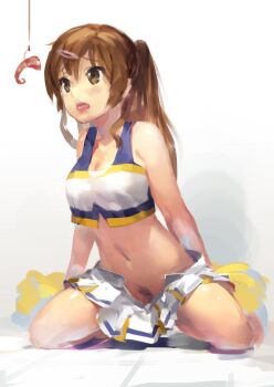 10s 1girl bad_id bad_pixiv_id bare_shoulders breasts brown_eyes brown_hair cheerleader chuunibyou_demo_koi_ga_shitai! cleavage crop_top crop_top_overhang female_focus female_pubic_hair fishing food hair_ornament hairclip hjl hook kneeling navel nibutani_shinka no_panties open_mouth pom_pom_(cheerleading) ponytail pubic_hair skirt solo spread_legs unzipped