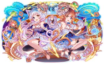 2girls alternate_costume animal_ear_fluff animal_ears anime_coloring aqua_eyes aqua_hair artist_request bare_shoulders barefoot black_bridal_gauntlets black_thighhighs blonde_hair blue_sky blue_sleeves bow breasts bridal_gauntlets brown_tail cat_ears choker colored_inner_animal_ears crash_fever crescent detached_sleeves dot_nose eyelashes floating_headgear frilled_sleeves frills full_body galilei_(crash_fever) galileo_(crash_fever) game_cg gears hair_bow hair_ears hair_ornament hair_over_shoulder high-waist_skirt holding_hands hoop_skirt leglet light_brown_hair light_particles long_hair long_sidelocks long_sleeves low-tied_long_hair low_ponytail medium_breasts multicolored_hair multiple_girls octagram official_alternate_costume official_art open_hand open_mouth outline ponytail puffy_sleeves purple_hair purple_tail red_outline see-through_clothes see-through_skirt see-through_sleeves short_hair short_hair_with_long_locks sidelocks single_bare_leg single_thighhigh skirt sky sleeve_bow sparkle square square_print star_(symbol) star_choker star_ornament tachi-e teeth thighhighs third-party_source toeless_legwear toes tongue transparent_background two-tone_hair upper_teeth_only white_bow white_choker white_hair white_outline white_skirt white_sleeves white_straps wide_sleeves yellow_eyes yellow_outline