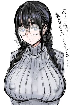 1girl absurdres black_hair blue_eyes blush braid breasts character_request embarrassed glasses head_tilt highres jimiko jimikochan_(kuppipi_ramutarou) kuppipi_ramutarou large_breasts long_hair looking_at_viewer open_mouth original rimless_eyewear simple_background solo standing sweater turtleneck turtleneck_sweater twin_braids visible_ears white_background