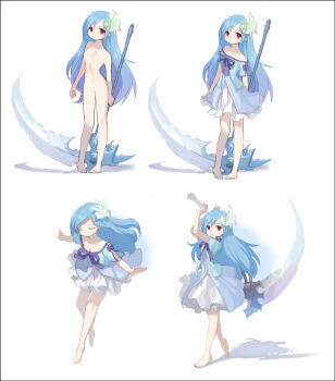 4girls asymmetrical_bangs barefoot benya_(tales_weaver) blue_coat blue_hair blue_shirt blue_sleeves bow breasts caesty closed_eyes coat commentary_request completely_nude dated_commentary dress dual_persona flower glowing_flower hair_between_eyes holding holding_behind_back holding_scythe holding_weapon_behind_back korean_commentary layered_dress lily_(flower) long_hair looking_at_viewer medium_dress multiple_girls narrow_waist nexon no_nipples nude off-shoulder_shirt off_shoulder official_art production_art purple_bow purple_ribbon red_eyes ribbon scythe shadow shirt shirt_ribbon sleeve_bow small_breasts straight_hair strapless strapless_dress strapless_shirt tales_weaver toes very_long_hair white_dress white_flower white_lily