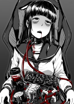 1girl 4shi bags_under_eyes black_eyes black_hair blood blood_drip blood_from_mouth blunt_bangs chair choker collarbone commentary_request computer_fan cooler electric_fan gaming_chair graphics_card grey_background greyscale guro hand_fan heat_sink highres hime_cut long_hair long_sleeves monochrome neckerchief office_chair on_chair open_mouth original rolling_eyes sailor_collar school_uniform shirt sidelocks sitting solo spot_color swivel_chair tape white_shirt
