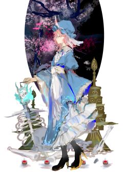 1girl absurdres black_boots blue_dress blue_fire blue_hat bone boots chinese_commentary closed_mouth commentary_request dress expressionless fire frilled_sleeves frills from_side full_body hat high_heel_boots high_heels highres holding holding_lantern hsndlei lantern long_hair long_sleeves mob_cap pink_eyes pink_hair red_ribbon ribbon saigyouji_yuyuko skull solo touhou triangular_headpiece veil walking wide_sleeves