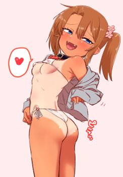 1girl areola_slip armpits ass bikini black_collar blue_eyes blush_stickers breasts brown_hair collar covered_erect_nipples ebisujima_misato fangs feet_out_of_frame female_focus fingernails flower hair_flower grey_jacket hair_between_eyes hair_flower hair_ornament heart highres jacket jacket_partially_removed jewelry loli looking_at_viewer mesugaki micro_bikini multicolored_eyes open_mouth perky_breasts pink_background see-through_clothes short_twintails side-tie_bikini_bottom sidelocks simple_background small_breasts smile smug solo swimsuit tan tanline tongue twintails white_bikini yuma_(ebisujima_misato)