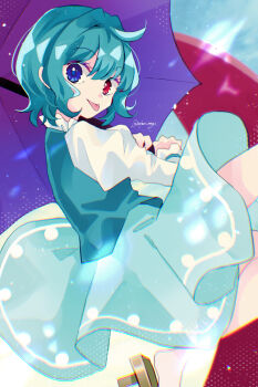 Rule 34 | 1girl, :p, ahoge, aqua hair, aqua skirt, aqua vest, blue eyes, blue sky, brown sandals, closed mouth, commentary request, day, from side, geta, hair between eyes, heterochromia, highres, holding, holding umbrella, karakasa obake, katsuragi atori, light particles, long sleeves, looking at viewer, purple umbrella, red eyes, sandals, skirt, sky, sleeve ribbon, solo, tatara kogasa, tongue, tongue out, touhou, turning head, twitter username, umbrella, vest