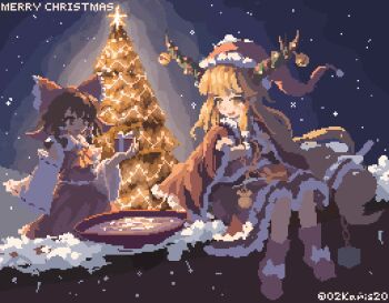 02charaice20 2girls alternate_costume artist_name ascot bell blonde_hair boots bow box brown_eyes brown_hair brown_horns chinese_commentary christmas christmas_tree commentary_request crossed_arms detached_sleeves dress frilled_bow frilled_hair_tubes frills gift gift_box hair_bow hair_tubes hakurei_reimu hat highres holding holding_gift horn_bell horns ibuki_suika long_hair merry_christmas multiple_girls oni open_mouth pixel_art red_boots red_bow red_dress red_hat red_skirt ribbon-trimmed_sleeves ribbon_trim santa_costume santa_dress santa_hat sitting skirt skirt_set smile touhou very_long_hair yellow_ascot yellow_eyes