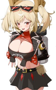 Rule 34 | 1girl, absurdres, belt, blonde hair, blush, breasts, burnice white, cleavage, eyewear on head, glasses, highres, jacket, open clothes, open jacket, open mouth, red eyes, simple background, skirt, solo, standing, suiin, white background, zenless zone zero
