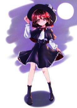 1girl black_boots black_capelet black_hat black_skirt bone_vone boots bow bowtie capelet collared_shirt commentary_request frilled_skirt frills full_body grin hand_on_headwear hat hat_bow highres long_sleeves looking_at_viewer medium_hair moon red_bow red_eyes red_hair shirt shirt_tucked_in skirt skirt_hold smile solo standing touhou usami_renko white_background white_bow white_shirt wingtip_collar