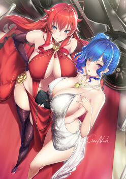 2girls ahoge alternate_costume azur_lane backless_dress backless_outfit bag bare_shoulders black_gloves blue_eyes blue_hair blue_nails breasts car center_opening cleavage covered_erect_nipples criss-cross_halter crossed_bangs crossover dress earrings elbow_gloves evening_gown female_focus foreshortening from_above gainoob gem gloves hair_between_eyes hair_ornament hairclip halter_dress halterneck handbag high_school_dxd highres hikasa_youko huge_breasts jewelry long_hair looking_at_viewer looking_up motor_vehicle multiple_girls nail_polish navel necklace no_bra official_alternate_costume pink_eyes plunging_neckline purple_gloves red_carpet red_dress red_gemstone red_hair revealing_clothes rias_gremory side_ponytail sidelocks signature silver_dress sleeveless sleeveless_dress st._louis_(azur_lane) st._louis_(luxurious_wheels)_(azur_lane) thighs tongue tongue_out voice_actor_connection